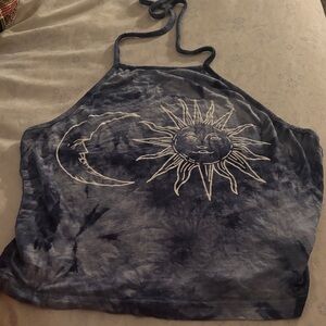Blue Tie-Dye Halter Top with Sun and Moon Design